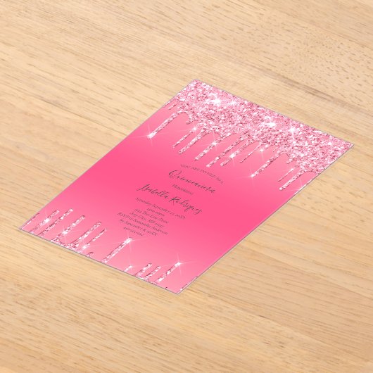 ピンクドリッピンググリッターガーリートレンディーキンセアニェラ アクリル招待状 (レイダウン)