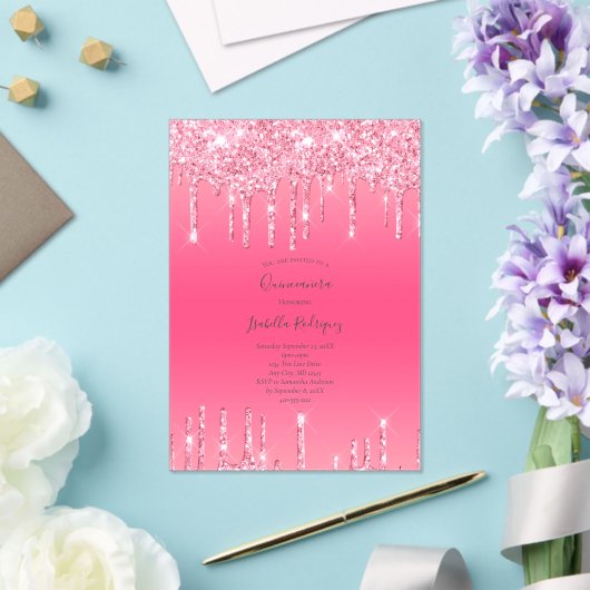 ピンクドリッピンググリッターガーリートレンディーキンセアニェラ アクリル招待状 (インサイチュ (ウェディング))