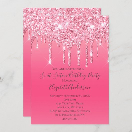 ピンクドリッピンググリッターガーリートレンディーシック誕生日 招待状 (正面/裏面)