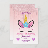 ピンクドリッピンググリッター/フローラユニコーン誕生日 招待状 (正面/裏面)