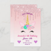ピンクドリッピンググリッター/フローラユニコーン誕生日 招待状 (正面/裏面)