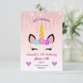 ピンクドリッピンググリッター/フローラユニコーン誕生日 招待状 (スタンド正面)
