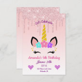 ピンクドリッピンググリッター/フローラユニコーン誕生日 招待状 (正面/裏面)