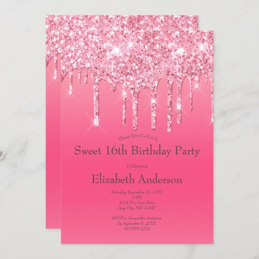 ピンクドリップグリッターガーリーシック21歳の誕生日 招待状 (正面/裏面)