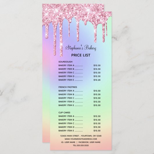 ピンクドリップグリッターベーカリー価格表とメニュー メニュー (正面/裏面)