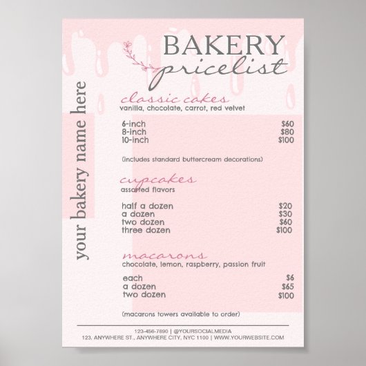 ピンクドリップメニューベーカリー価格表 ポスター (正面)