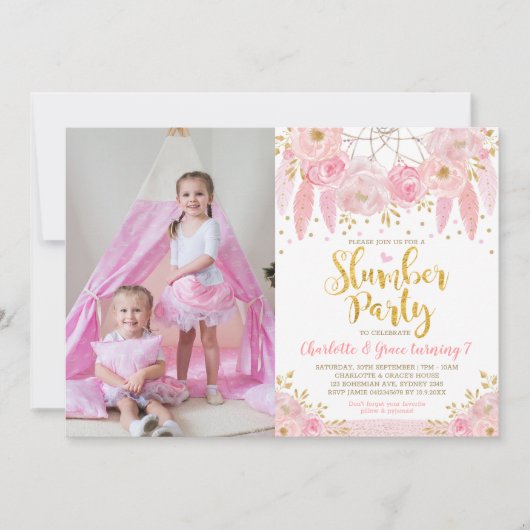 ピンクドリームキャッチャースランバーパーティー誕生日スリープバー 招待状 (正面)