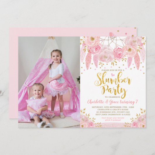 ピンクドリームキャッチャースランバーパーティー誕生日スリープバー 招待状 (正面/裏面)