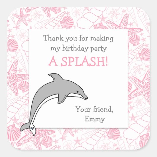 ピンクドルフィンシーシェル誕生日パーティーのお気に入り スクエアシール (正面)