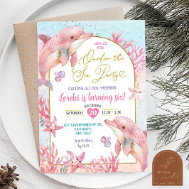 ピンクドルフィンズシーパーティーファースト誕生日ガール 招待状