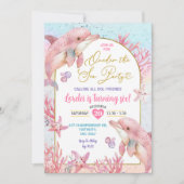 ピンクドルフィンズシーパーティーファースト誕生日ガール 招待状 (正面)