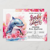 ピンクドルフィンディライトガールベビーシャワー 招待状 (正面/裏面)