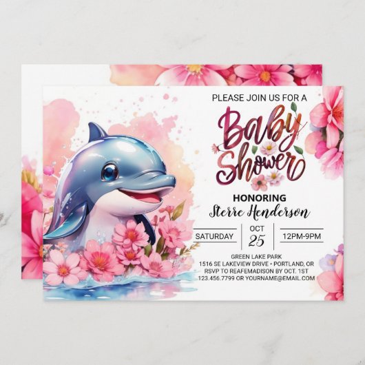 ピンクドルフィンディライトガールベビーシャワー 招待状 (正面/裏面)