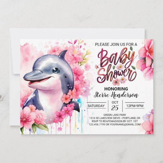 ピンクドルフィンプリンセスベビーシャワー招待状 招待状 (正面)