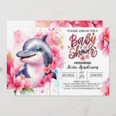 ピンクドルフィンプリンセスベビーシャワー招待状 招待状 (正面/裏面)