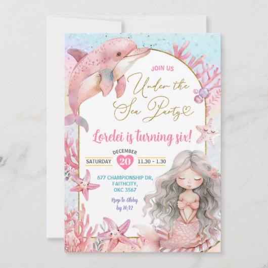 ピンクドルフィンマーメイドシーパーティー誕生日 招待状 (正面)