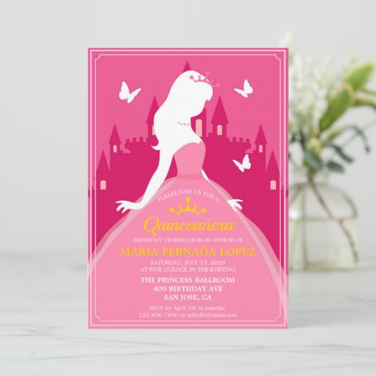 ピンクドレエレガントスキンチェニェラ誕生日 招待状 (スタンド正面)