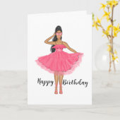 ピンクドレスとサングラスハッピーバースデーの女性 カード (黄色い花)