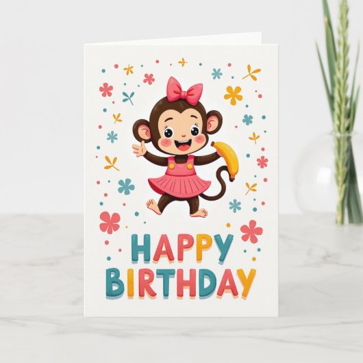 ピンクドレスのサル誕生日カード カード (正面)