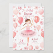 ピンクドレスのバレリーナフローラバルーン誕生日 招待状 (正面)