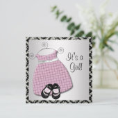 ピンクドレスシューズピンクダマスクベビーシャワー 招待状 (スタンド正面)