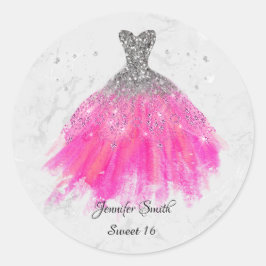 ピンクドレスシルバーグリッターsweet sixteen ラウンドシール