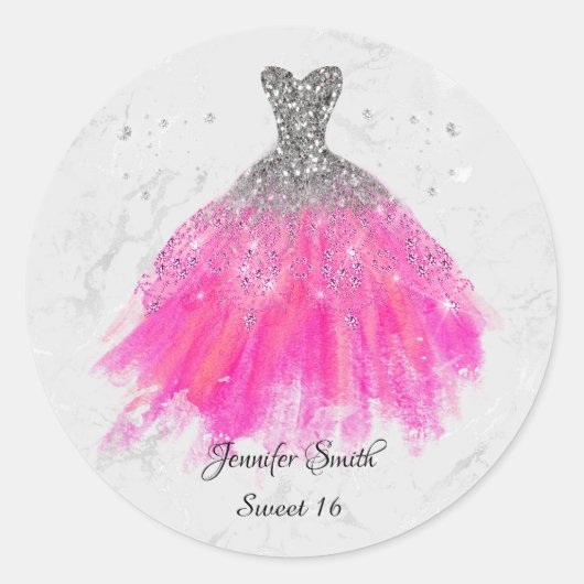 ピンクドレスシルバーグリッターsweet sixteen ラウンドシール (正面)