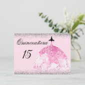 ピンクドレスシルバー紙吹雪キンセアニェラ招待 招待状 (スタンド正面)