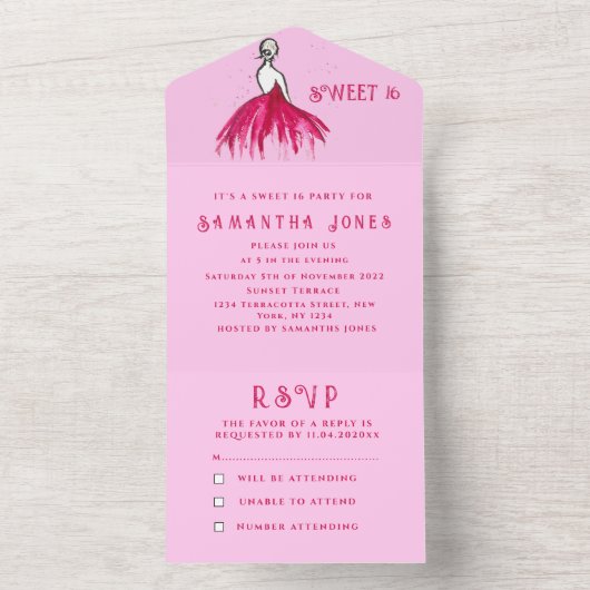 ピンクドレススウィート16フローラガーリー16エレガント A オールインワン招待状 (内側)
