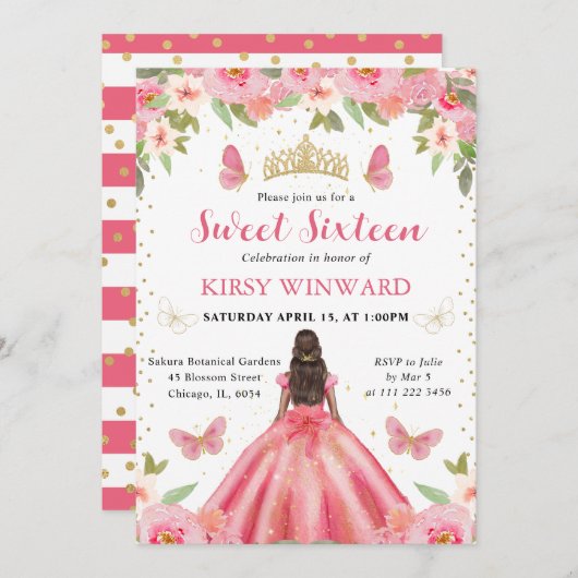 ピンクドレスダークスキンプリンセススウィート16 招待状 (正面/裏面)