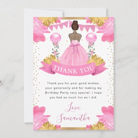 ピンクドレスダークスキンプリンセス誕生日 サンキューカード (正面)