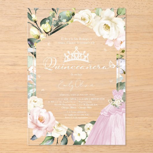 ピンクドレスバタフライフローラキンセアニラスペインの アクリル招待状 (正面)