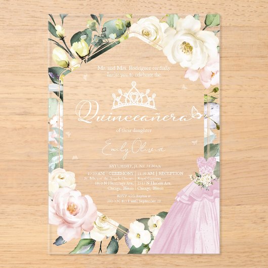 ピンクドレスバタフライフローラフレームキンセアニラ アクリル招待状 (正面)