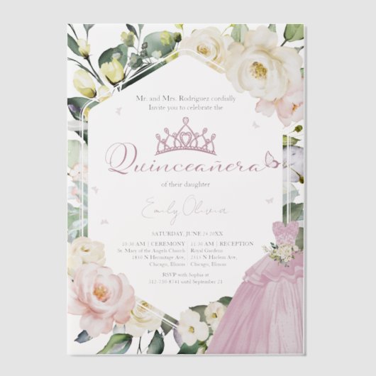 ピンクドレスバタフライボホフローラフレームキンセアニラ ベラム紙招待状 (正面)