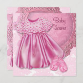 ピンクドレスピンクダマスクベビーガールシャワー 招待状 (正面/裏面)