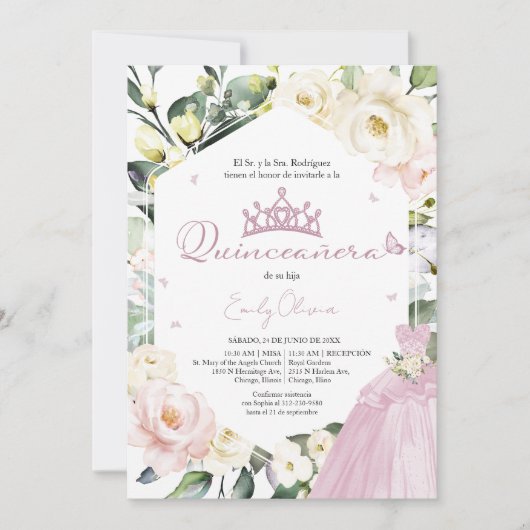 ピンクドレスフローラフォトキンセアニラスペインの 招待状 (正面)