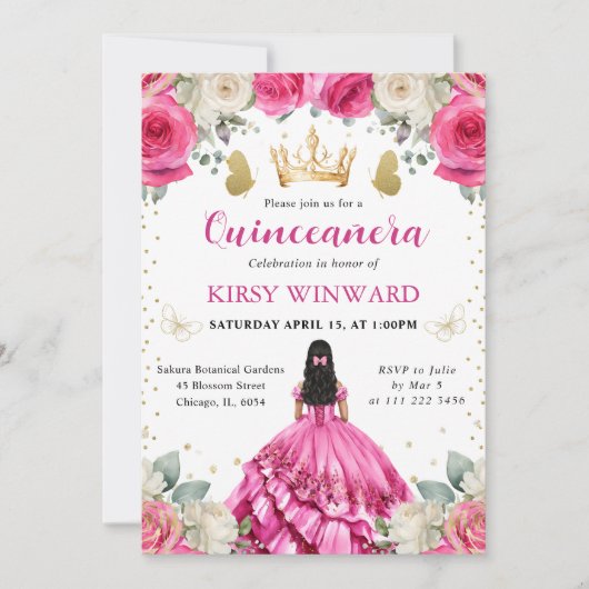 ピンクドレスブラックヘアプリンセスキンセアニェラ 招待状 (正面)