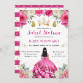 ピンクドレスブラックヘアプリンセススウィート16 招待状 (正面/裏面)