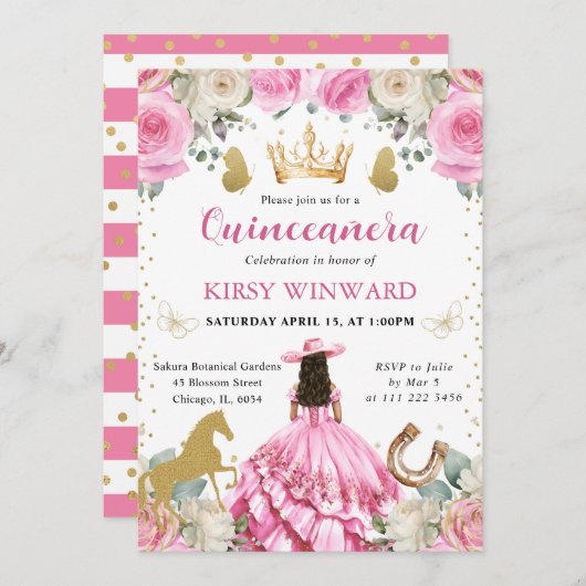 ピンクドレスブルネットウェスタンプリンセスキンセアニェラ 招待状 (正面/裏面)