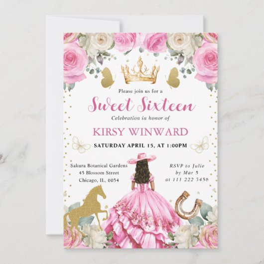 ピンクドレスブルネットウェスタンプリンセススウィート16 招待状 (正面)