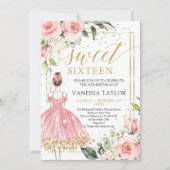 ピンクドレス赤面フローラ金ゴールドフレーム付きプリンセス 招待状 (正面)