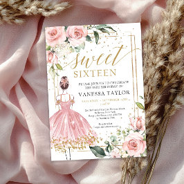 ピンクドレス赤面フローラ金ゴールドフレーム付きプリンセス 招待状