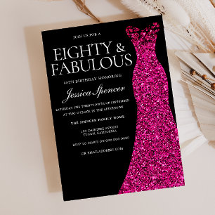 ピンクドレス80&素晴らしい80誕生日ブラック 招待状