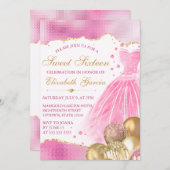 ピンクドレス&金ゴールドグリッターバルーン甘い16 招待状 (正面/裏面)