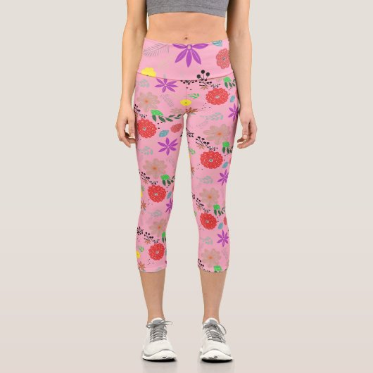 ピンクドードルアートおもしろい花/フローラ カプリレギンス (正面)