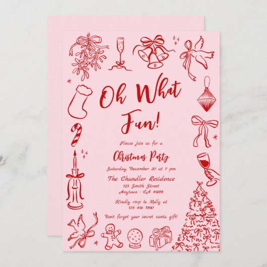 ピンクドードルクリスマスパーティの招待状予測できなおもしろい 招待状 (正面/裏面)