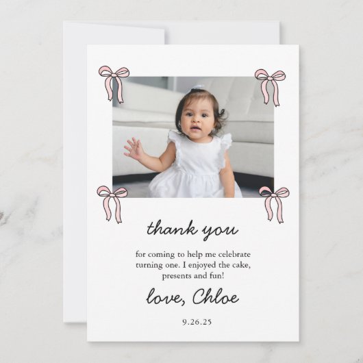 ピンクドードルボウベビーガール1st誕生日 サンキューカード (正面)