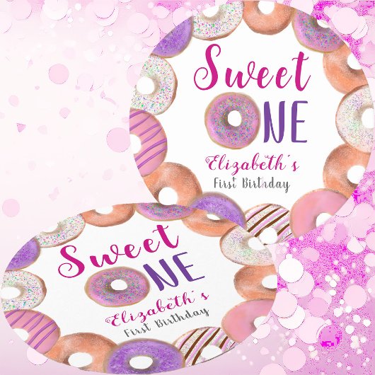ピンクドーナッツスイートワンファースト誕生日カスタム ラウンドペーパーコースター