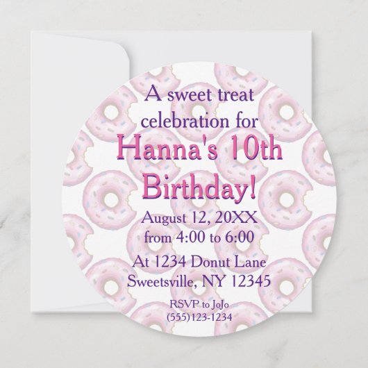 ピンクドーナッツバースデーパーティーラウンド招待状 招待状 (裏面)