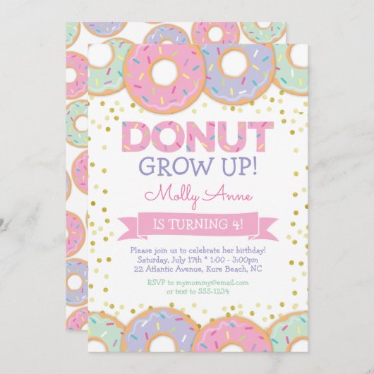 ピンクドーナットガール誕生日招待状金ゴールドスプリンクル 招待状 (正面/裏面)